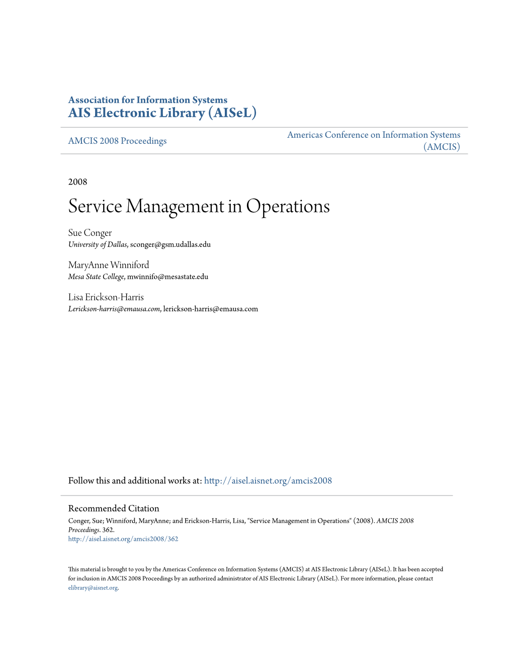 Service Management in Operations Sue Conger University of Dallas, Sconger@Gsm.Udallas.Edu