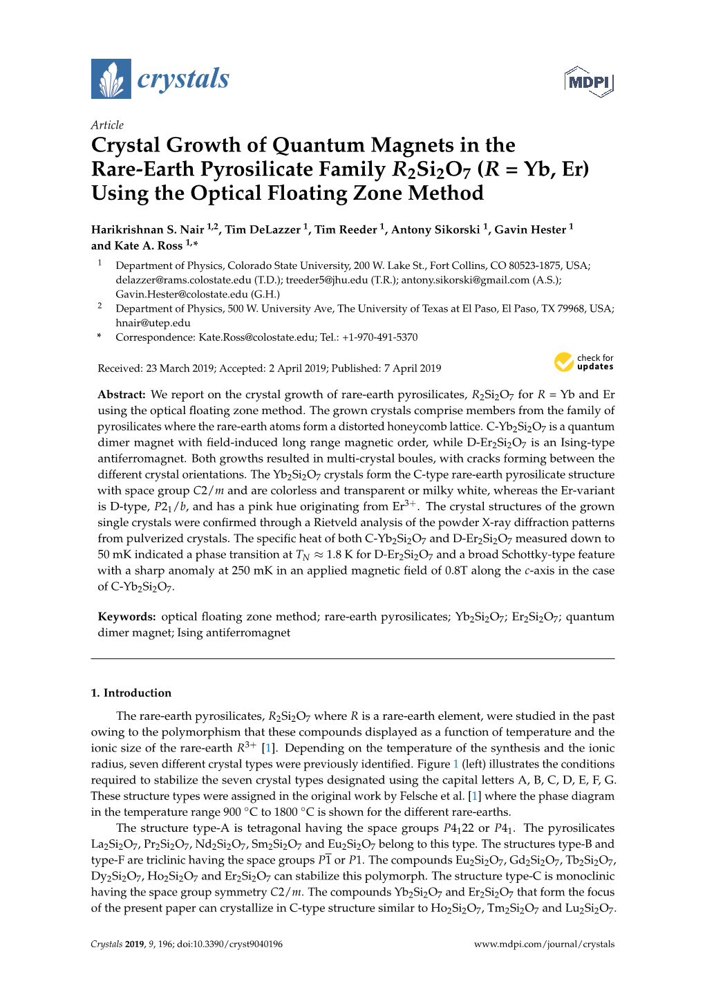 Crystal Growth of Quantum Magnets in the Rare-Earth Pyrosilicate Family R2si2o7 (R = Yb, Er) Using the Optical Floating Zone Method