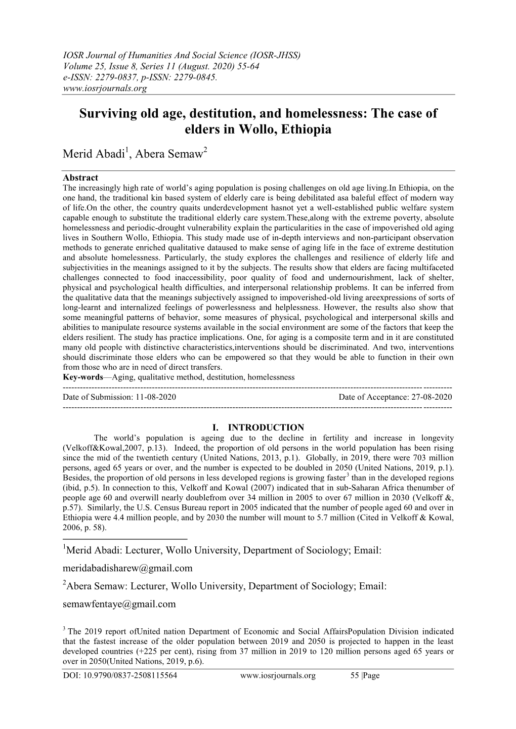 Surviving Old Age, Destitution, and Homelessness: the Case of Elders in Wollo, Ethiopia