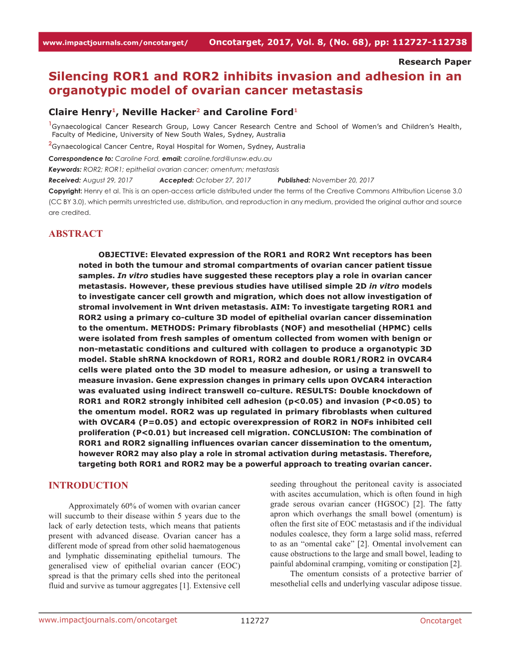 Silencing ROR1 and ROR2 Inhibits Invasion and Adhesion in an Organotypic Model of Ovarian Cancer Metastasis