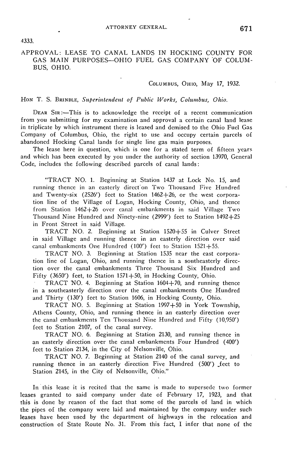 4333. APPROVAL: LEASE to CANAL LANDS in HOCKING COUNTY for GAS MAIN PURPOSES-OHIO FUEL GAS COMPANY ·Of COLU~,I­ BUS, OHIO