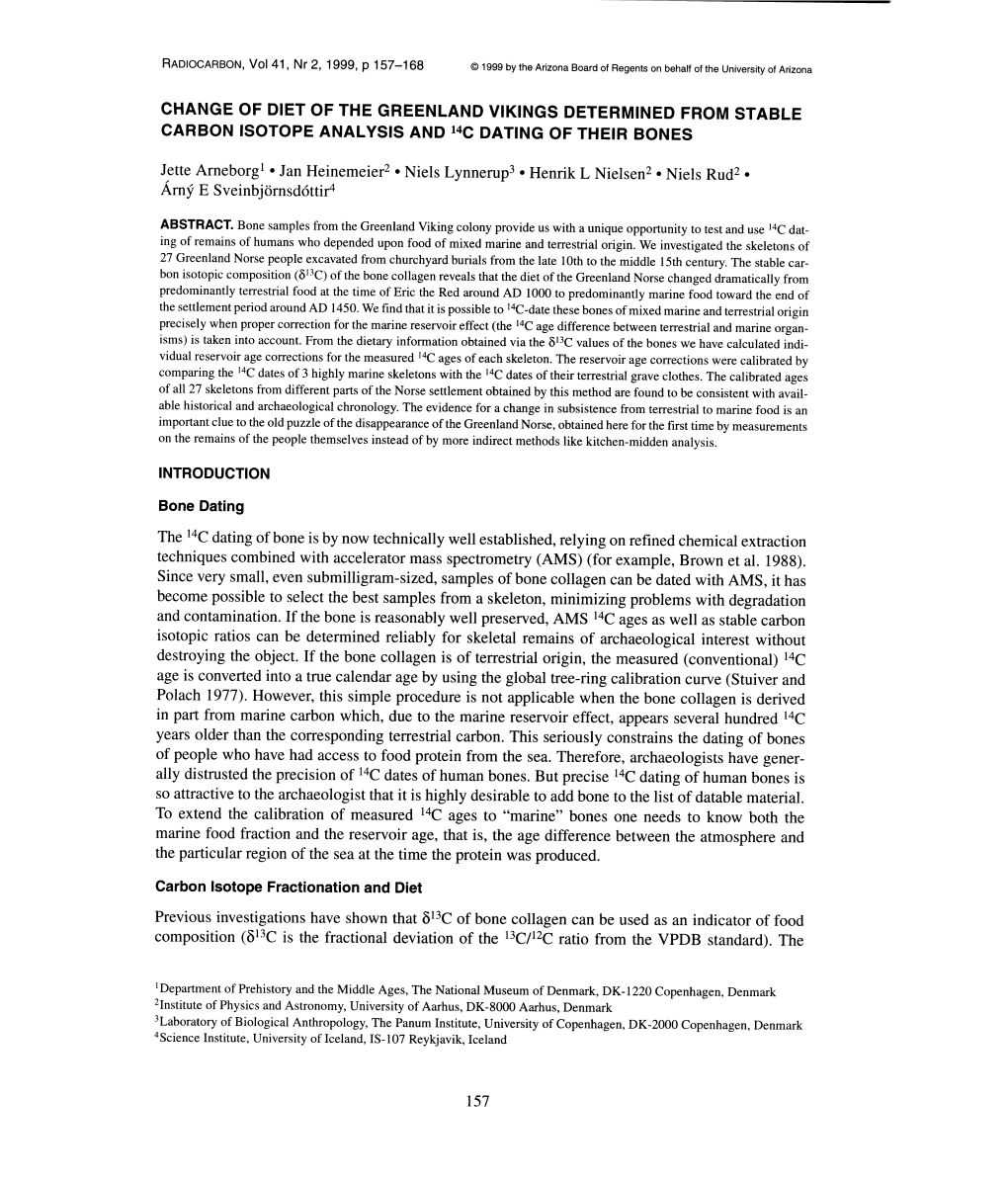 Change of Diet of the Greenland Vikings Determined from Stable Carbon Isotope Analysis and 14C Dating of Their Bones