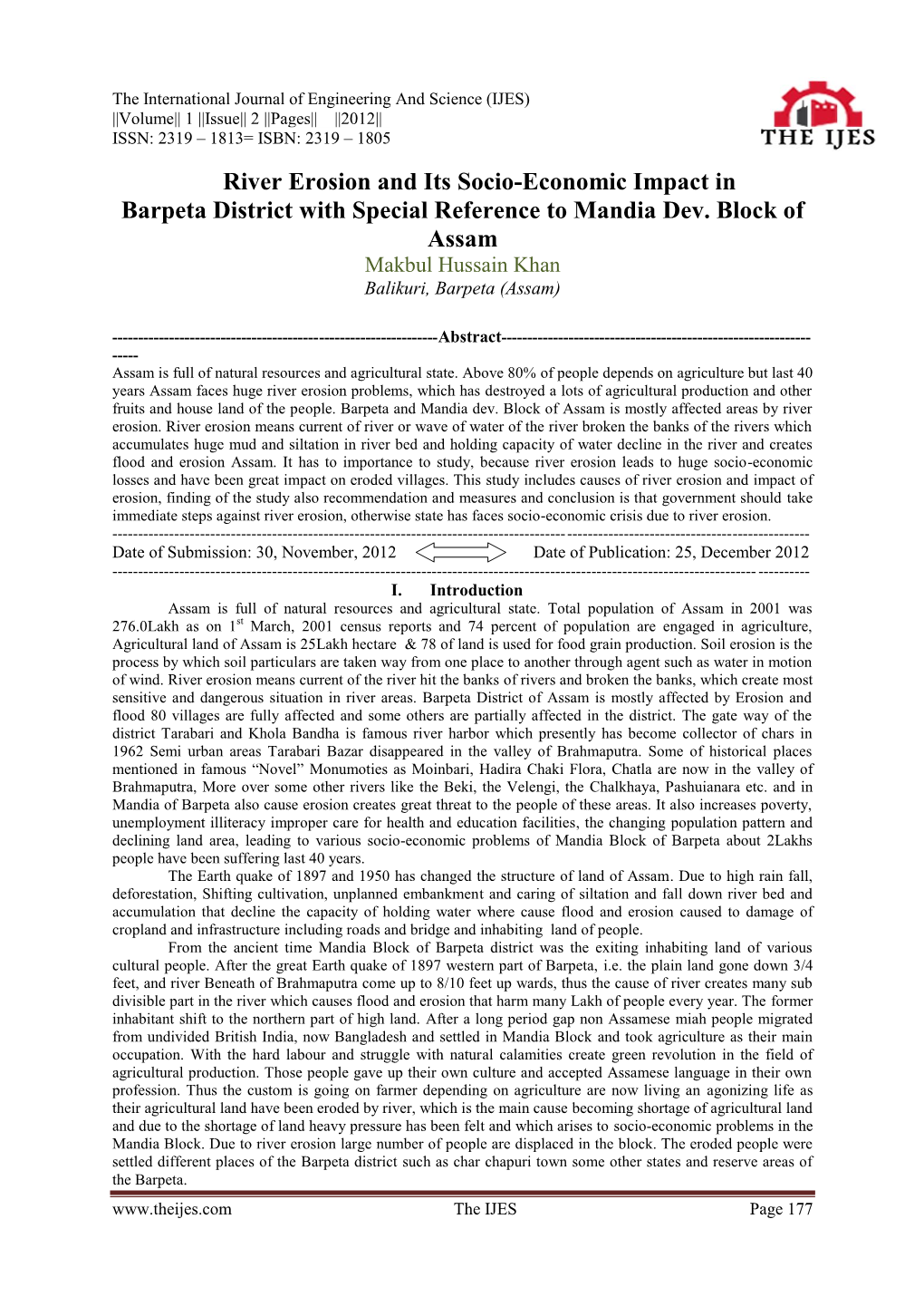 River Erosion and Its Socio-Economic Impact in Barpeta District with Special Reference to Mandia Dev