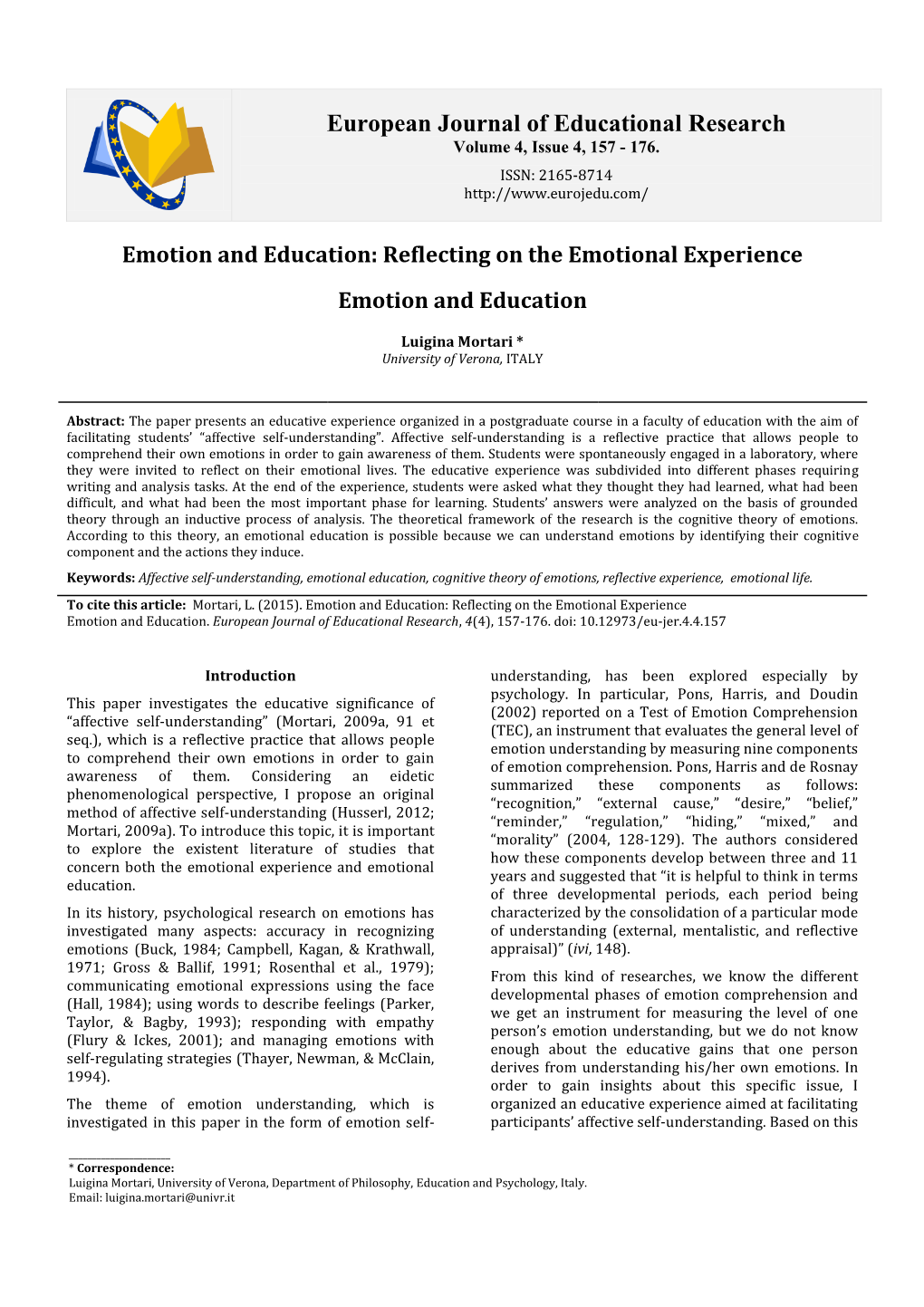 Emotion and Education: Reflecting on the Emotional Experience Emotion and Education