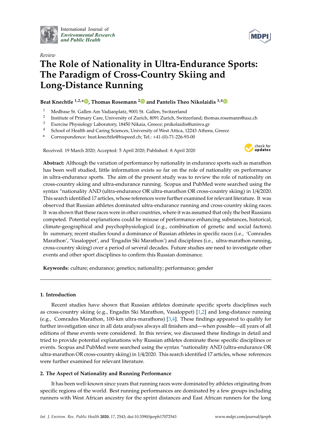 The Role of Nationality in Ultra-Endurance Sports: the Paradigm of Cross-Country Skiing and Long-Distance Running