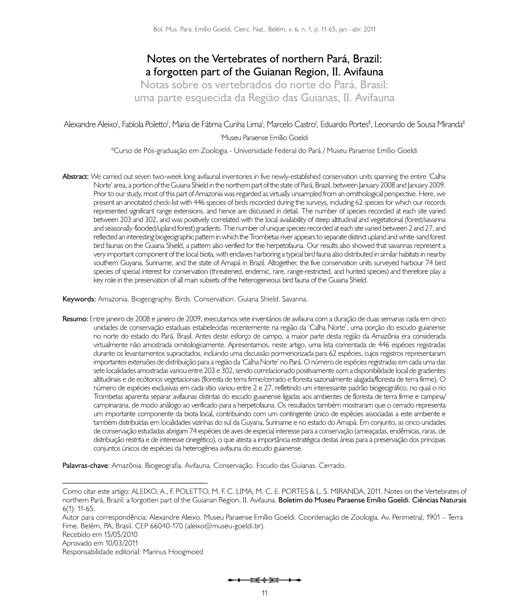 Notes on the Vertebrates of Northern Pará, Brazil: a Forgotten Part of the Guianan Region, II