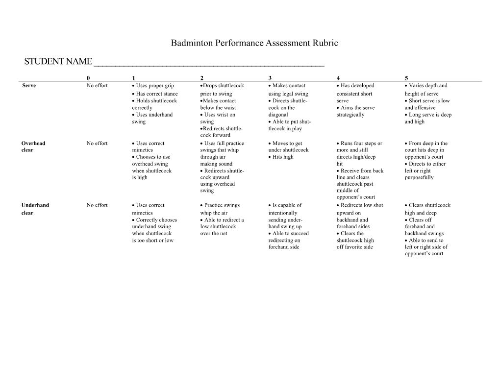 Badminton Performance Assessment Rubric