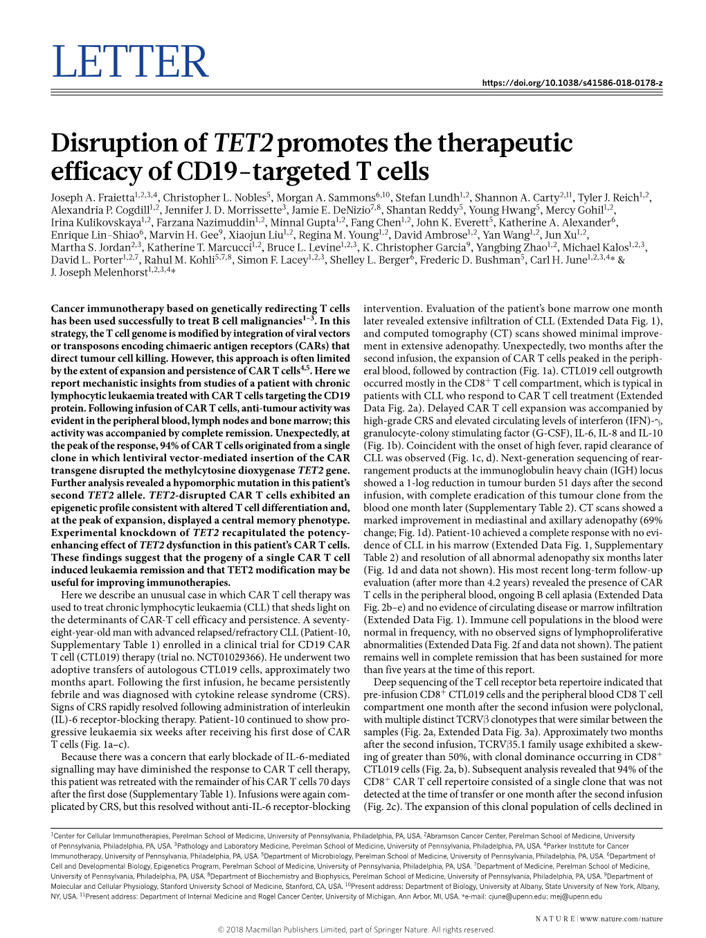 Disruption of TET2 Promotes the Therapeutic Efficacy of CD19-Targeted T Cells Joseph A