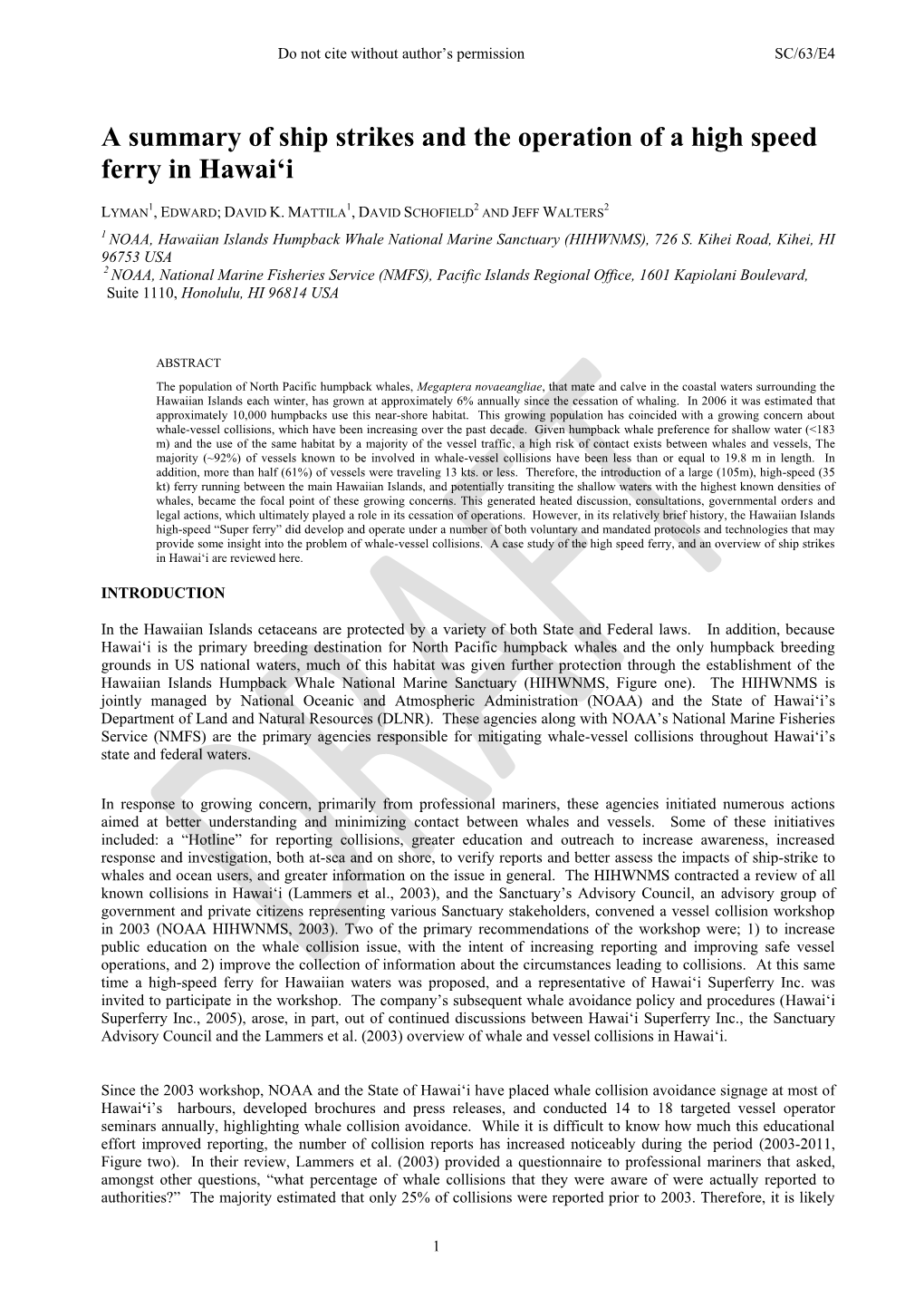 A Summary of Ship Strikes and the Operation of a High Speed Ferry in Hawai‘I