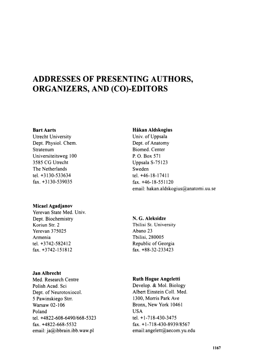 Addresses of Presenting Authors, Organizers, and (Co)-Editors