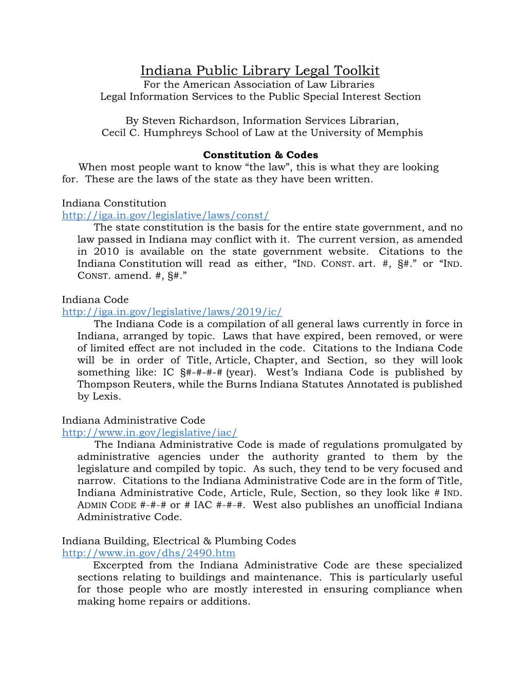 Indiana Public Library Legal Toolkit for the American Association of Law Libraries Legal Information Services to the Public Special Interest Section