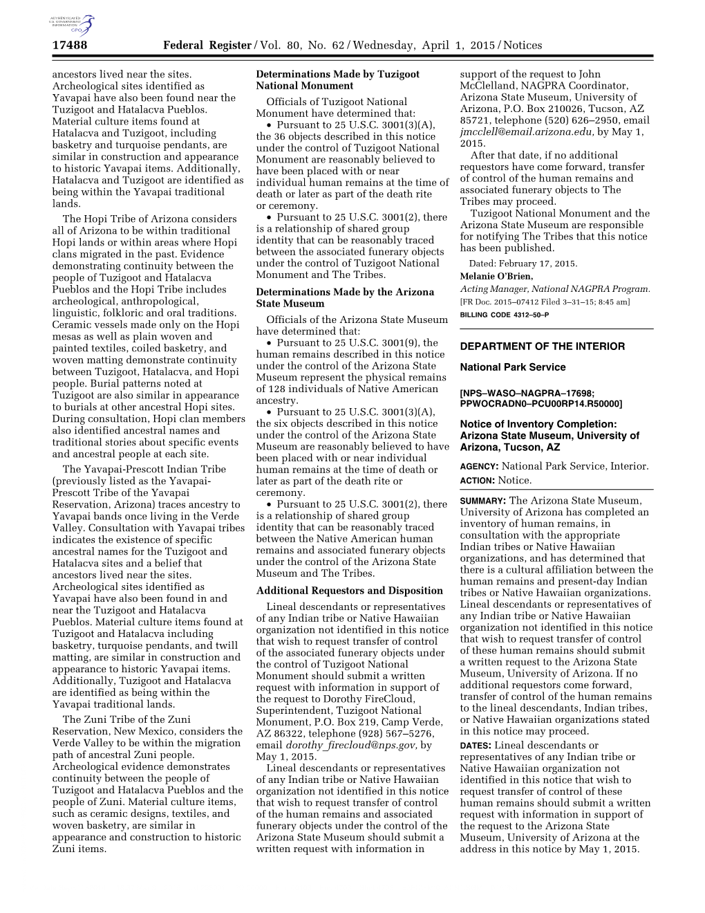 Federal Register/Vol. 80, No. 62/Wednesday, April 1, 2015/Notices