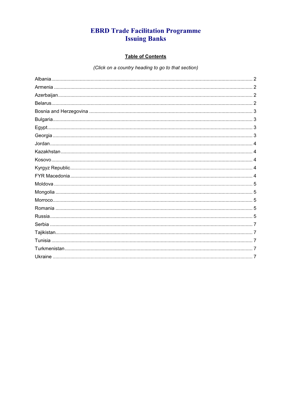 EBRD Trade Facilitation Programme Issuing Banks