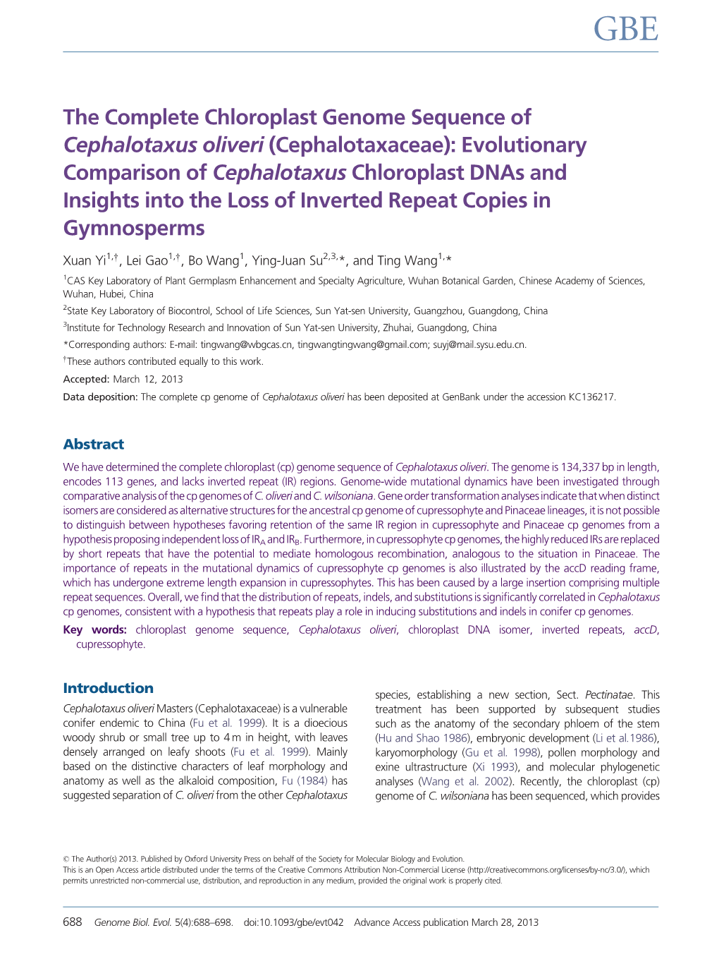 The Complete Chloroplast Genome Sequence of Cephalotaxus Oliveri