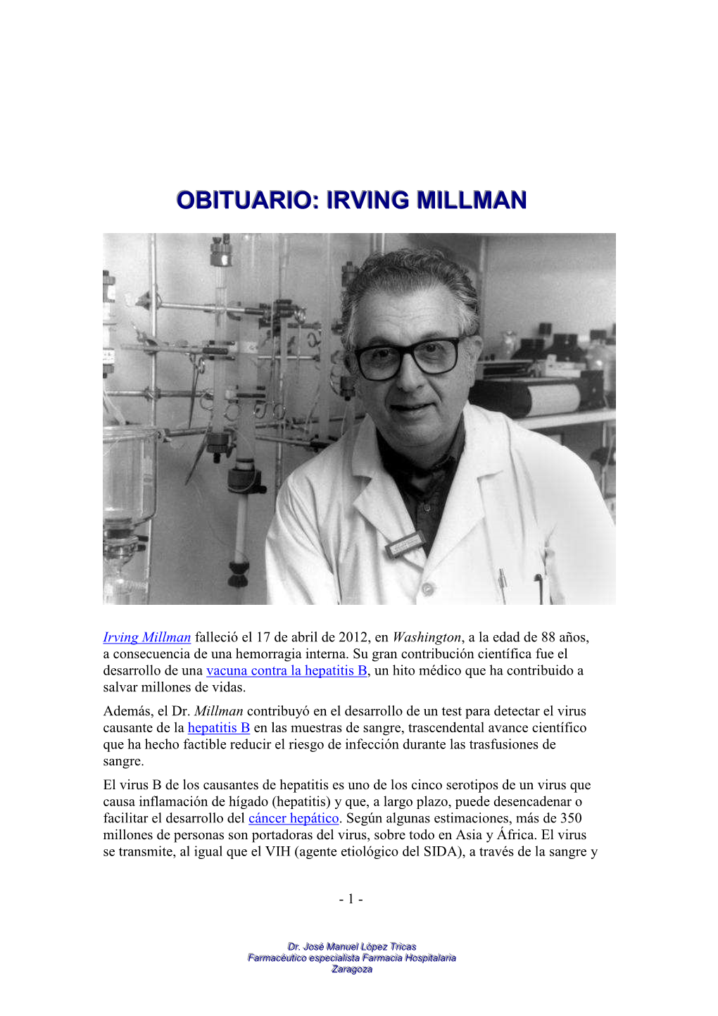 Obituario De Irving Millman