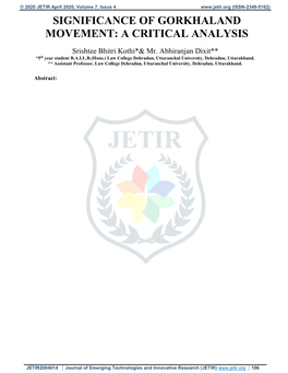Significance of Gorkhaland Movement: a Critical Analysis