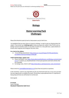 Biology Home Learning Pack Challenges