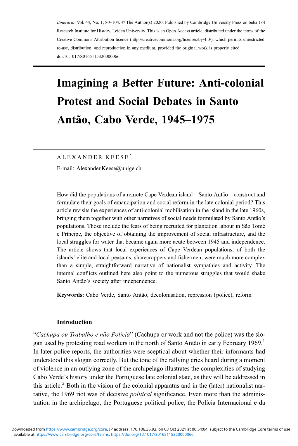 Imagining a Better Future: Anti-Colonial Protest and Social Debates in Santo Antão, Cabo Verde, 1945–1975