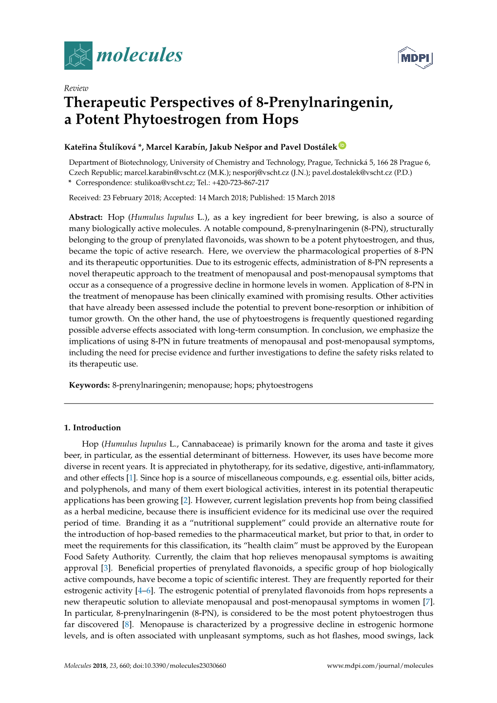Therapeutic Perspectives of 8-Prenylnaringenin, a Potent Phytoestrogen from Hops
