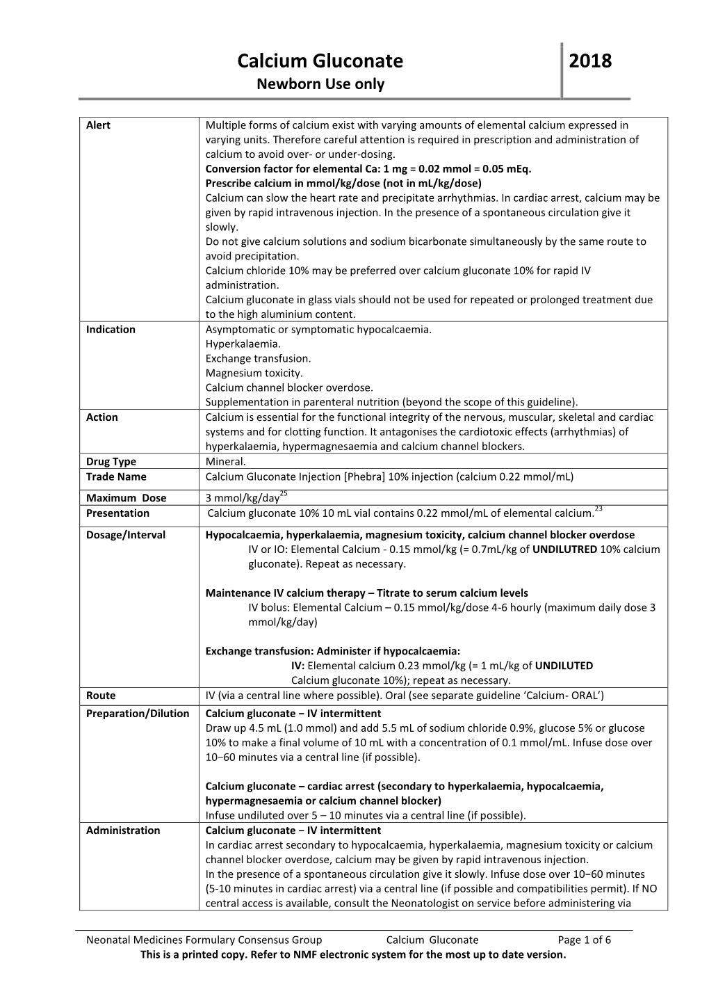 Calcium Gluconate 2018 Newborn Use Only