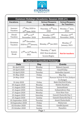 (Academic Session 2020-21) Authorized Gazetted Holidays