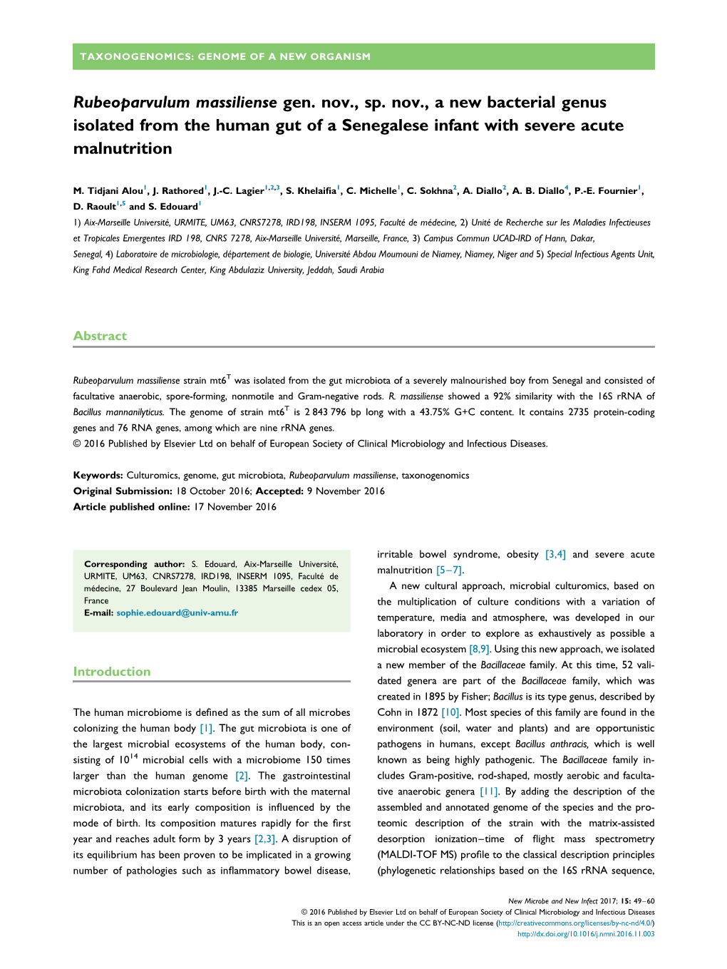 Rubeoparvulum Massiliense Gen. Nov., Sp. Nov., a New Bacterial Genus Isolated from the Human Gut of a Senegalese Infant with Severe Acute Malnutrition