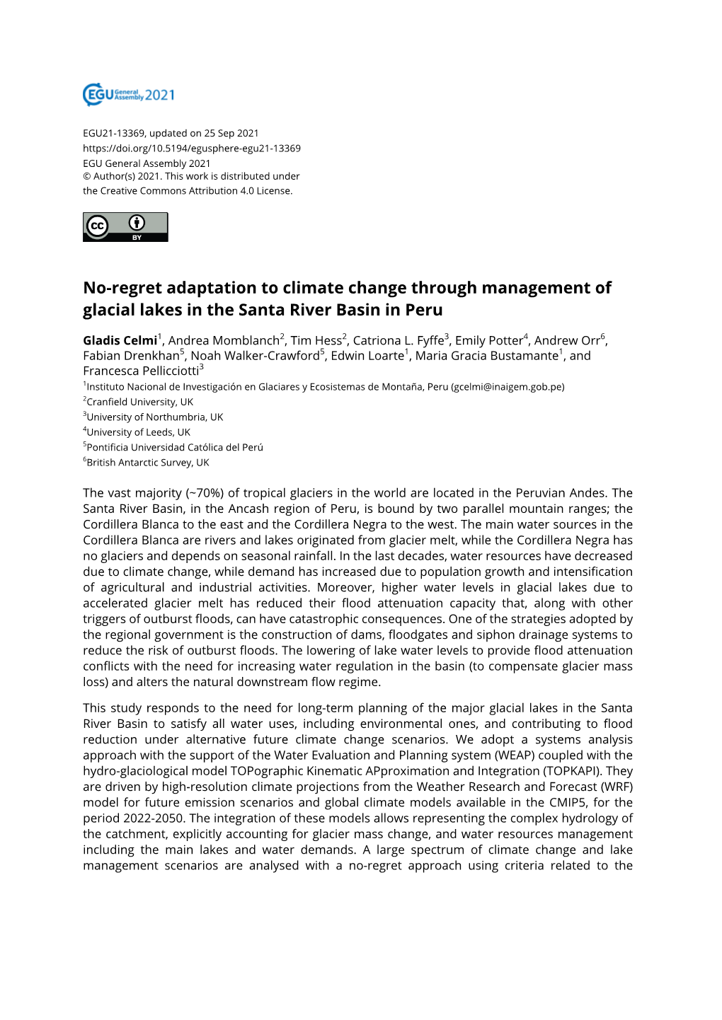 No-Regret Adaptation to Climate Change Through Management of Glacial Lakes in the Santa River Basin in Peru