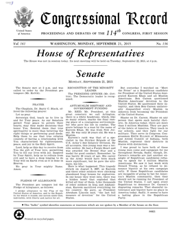 Congressional Record United States Th of America PROCEEDINGS and DEBATES of the 114 CONGRESS, FIRST SESSION