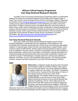 African Critical Inquiry Programme Ivan Karp Doctoral Research Awards