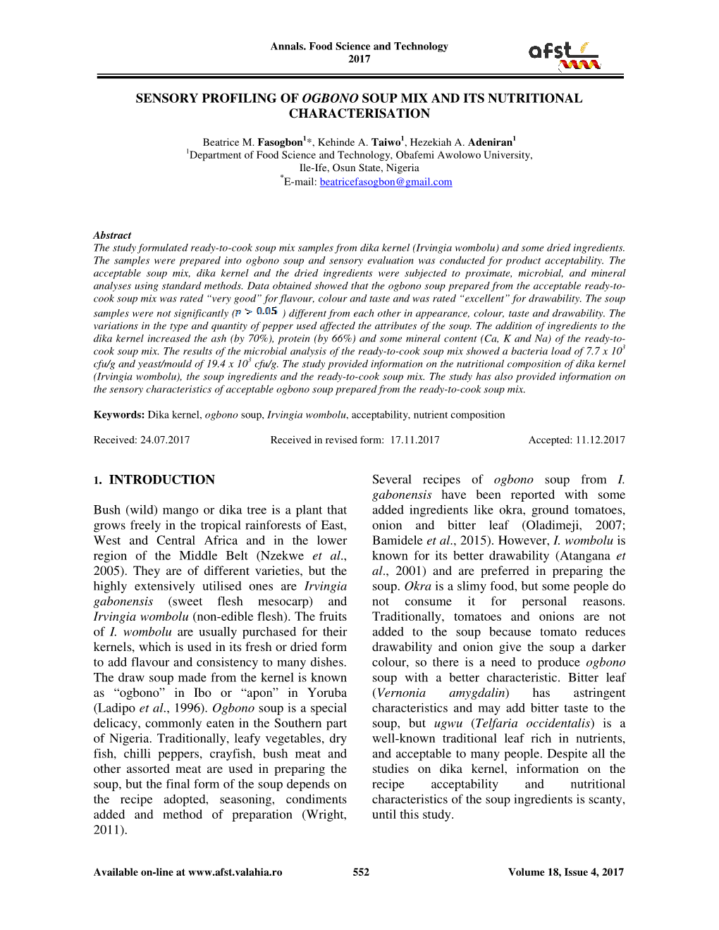 Sensory Profiling of Ogbono Soup Mix and Its Nutritional Characterisation