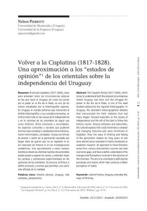 Volver a La Cisplatina (1817-1828). Una Aproximación a Los “Estados De Opinión”1 De Los Orientales Sobre La Independencia Del Uruguay