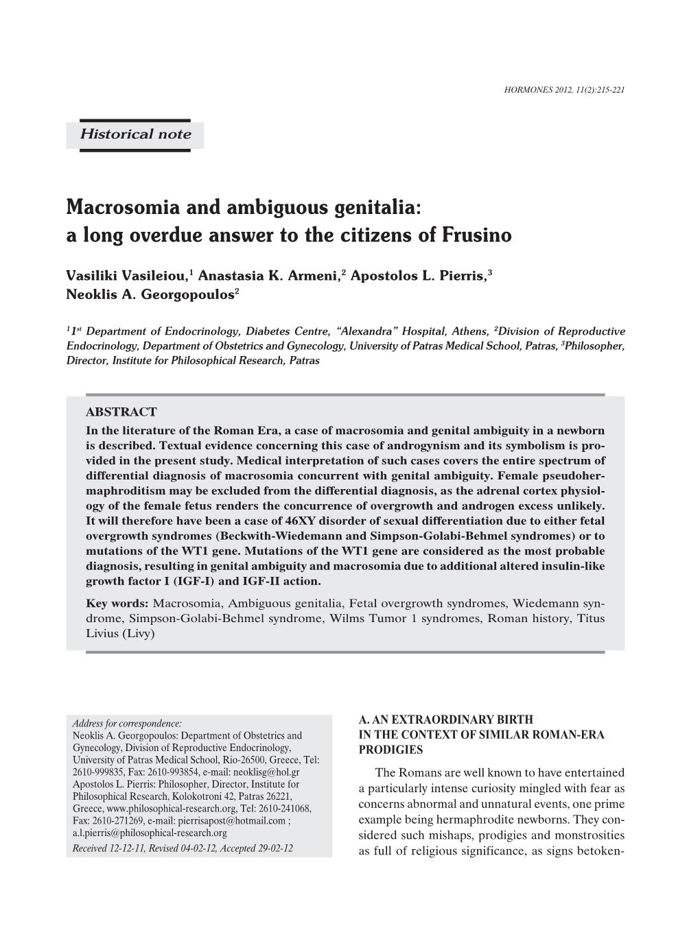 Macrosomia and Ambiguous Genitalia: a Long Overdue Answer to the Citizens of Frusino