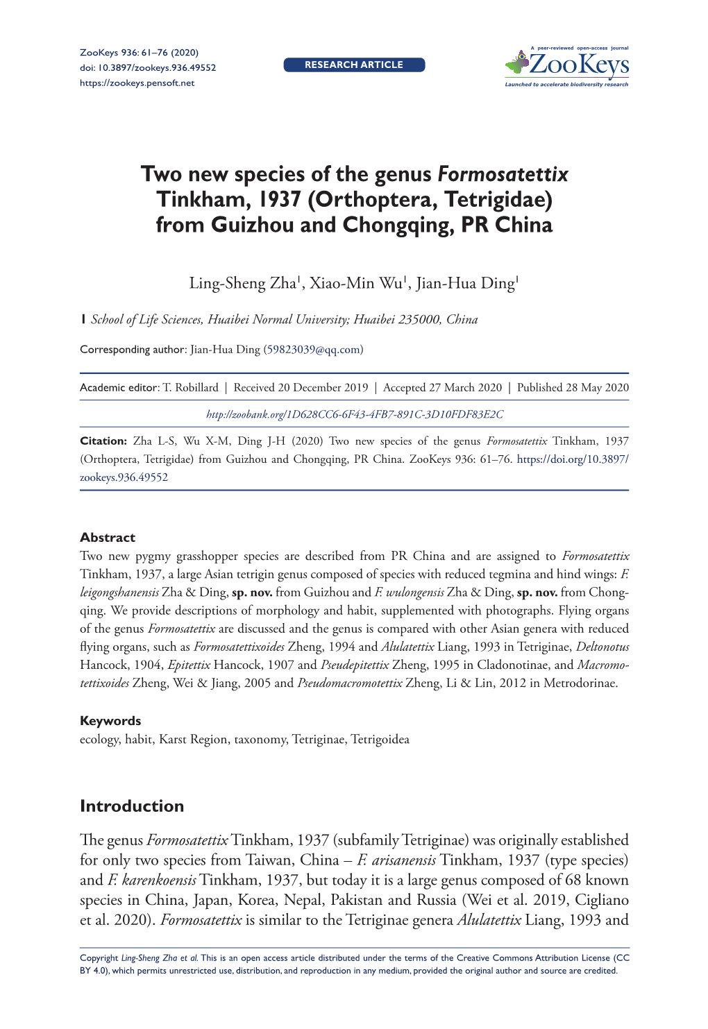 Orthoptera, Tetrigidae) from Guizhou and Chongqing, PR China