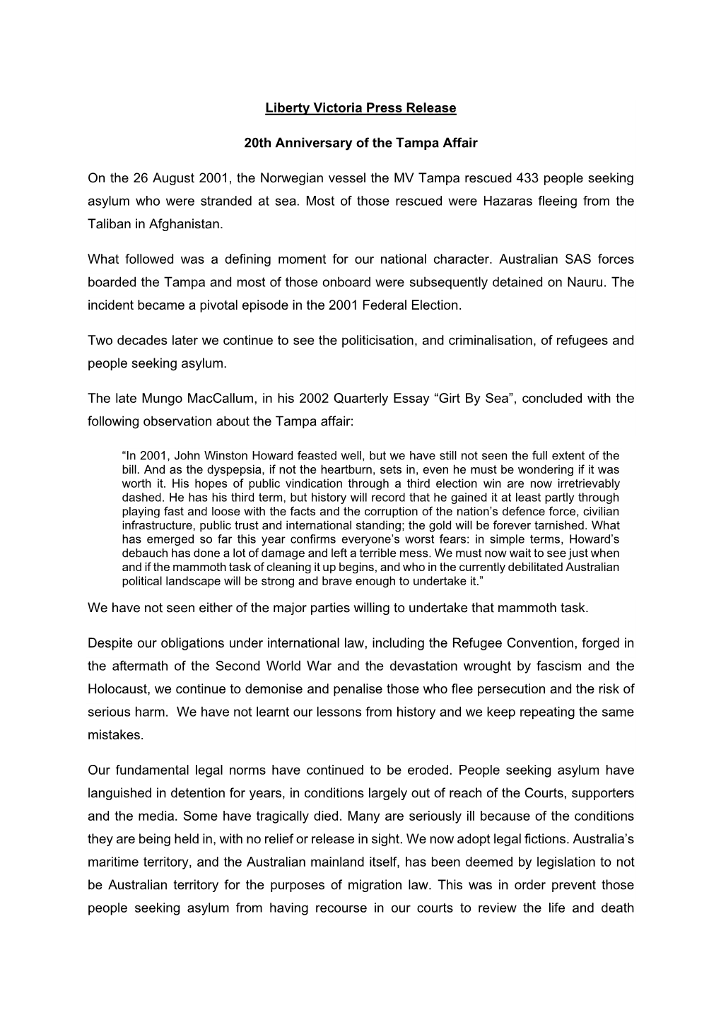 Liberty Victoria Press Release 20Th Anniversary of the Tampa Affair On