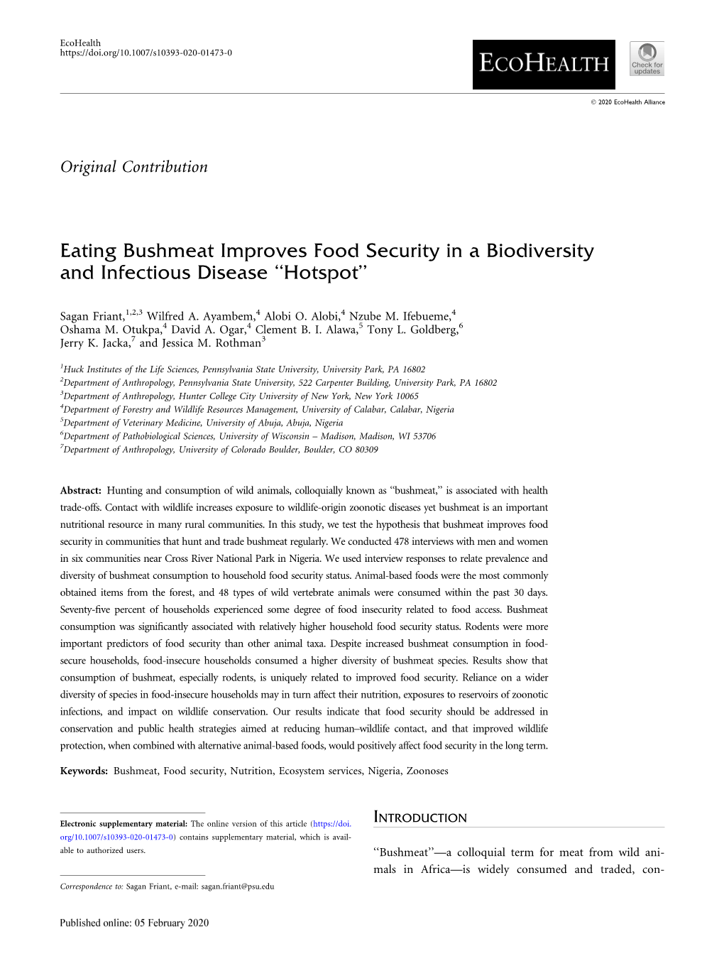 Eating Bushmeat Improves Food Security in a Biodiversity and Infectious Disease ‘‘Hotspot’’