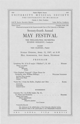 MAY FESTIVAL the PHILADELPHIA ORCHESTRA EUGENE ORMANDY, Conductor