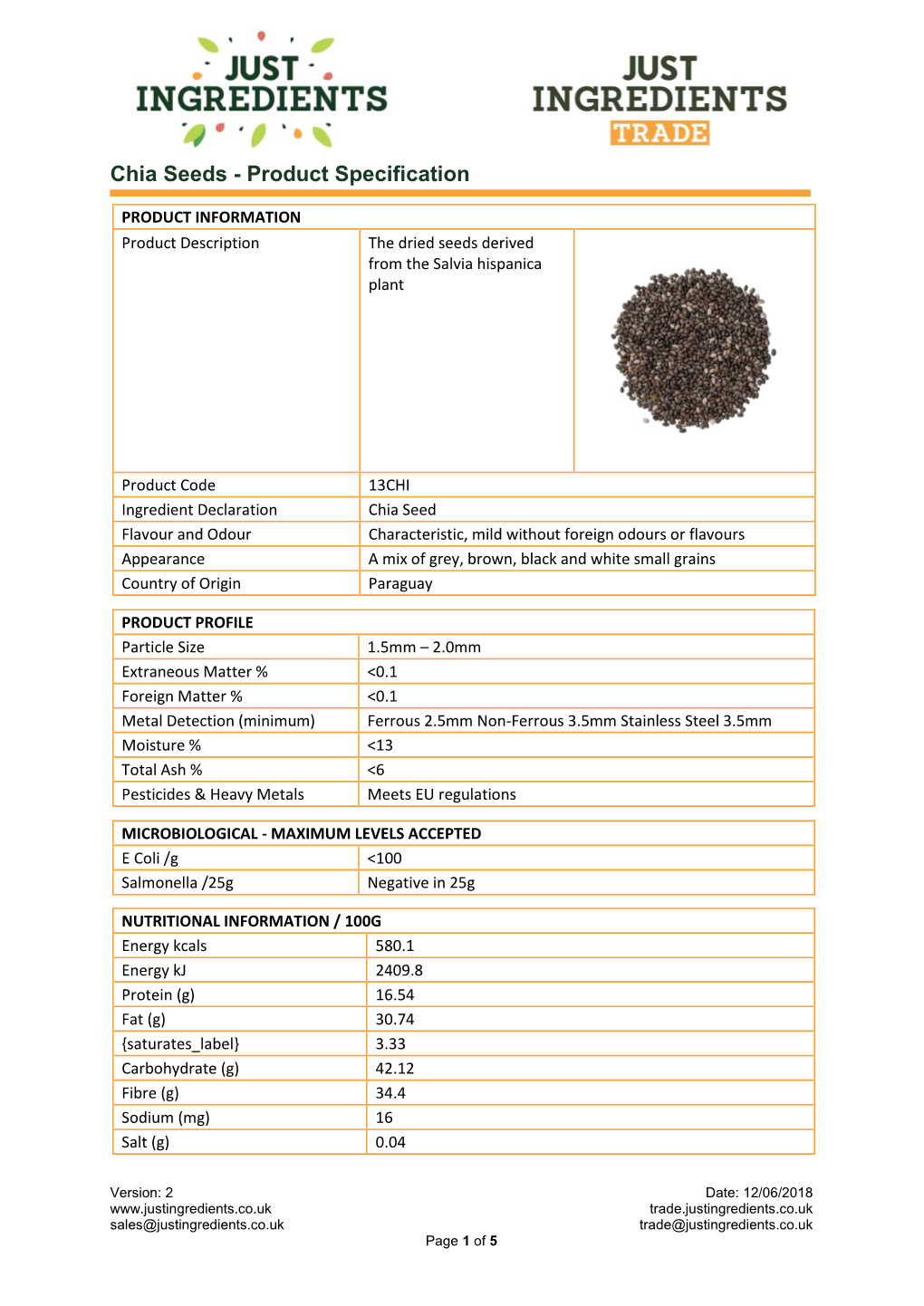 Chia Seeds - Product Specification