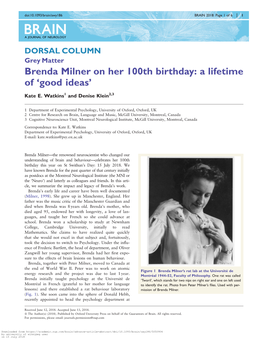 Brenda Milner on Her 100Th Birthday: a Lifetime of 'Good Ideas'