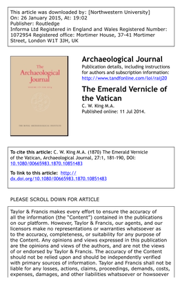 Archaeological Journal the Emerald Vernicle of the Vatican