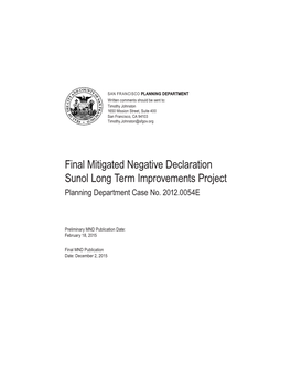 Final Mitigated Negative Declaration Sunol Long Term Improvements Project Planning Department Case No