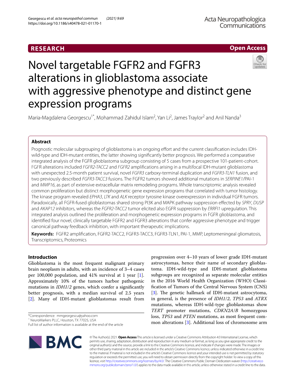 Novel Targetable FGFR2 and FGFR3 Alterations in Glioblastoma
