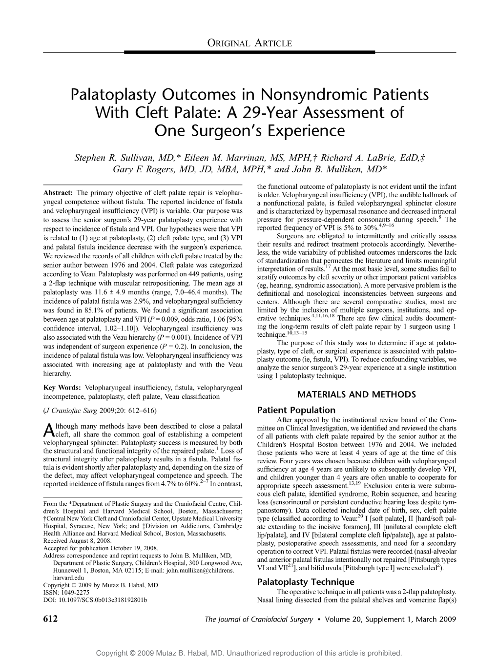 Palatoplasty Outcomes in Nonsyndromic Patients with Cleft Palate: a 29-Year Assessment of One Surgeon’S Experience