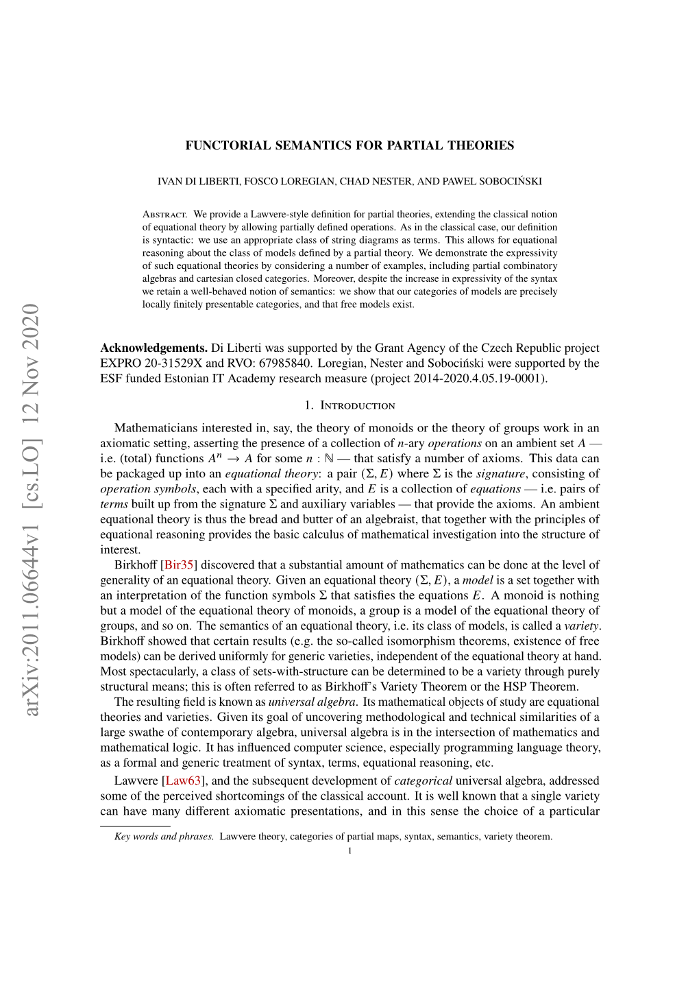 Functorial Semantics for Partial Theories