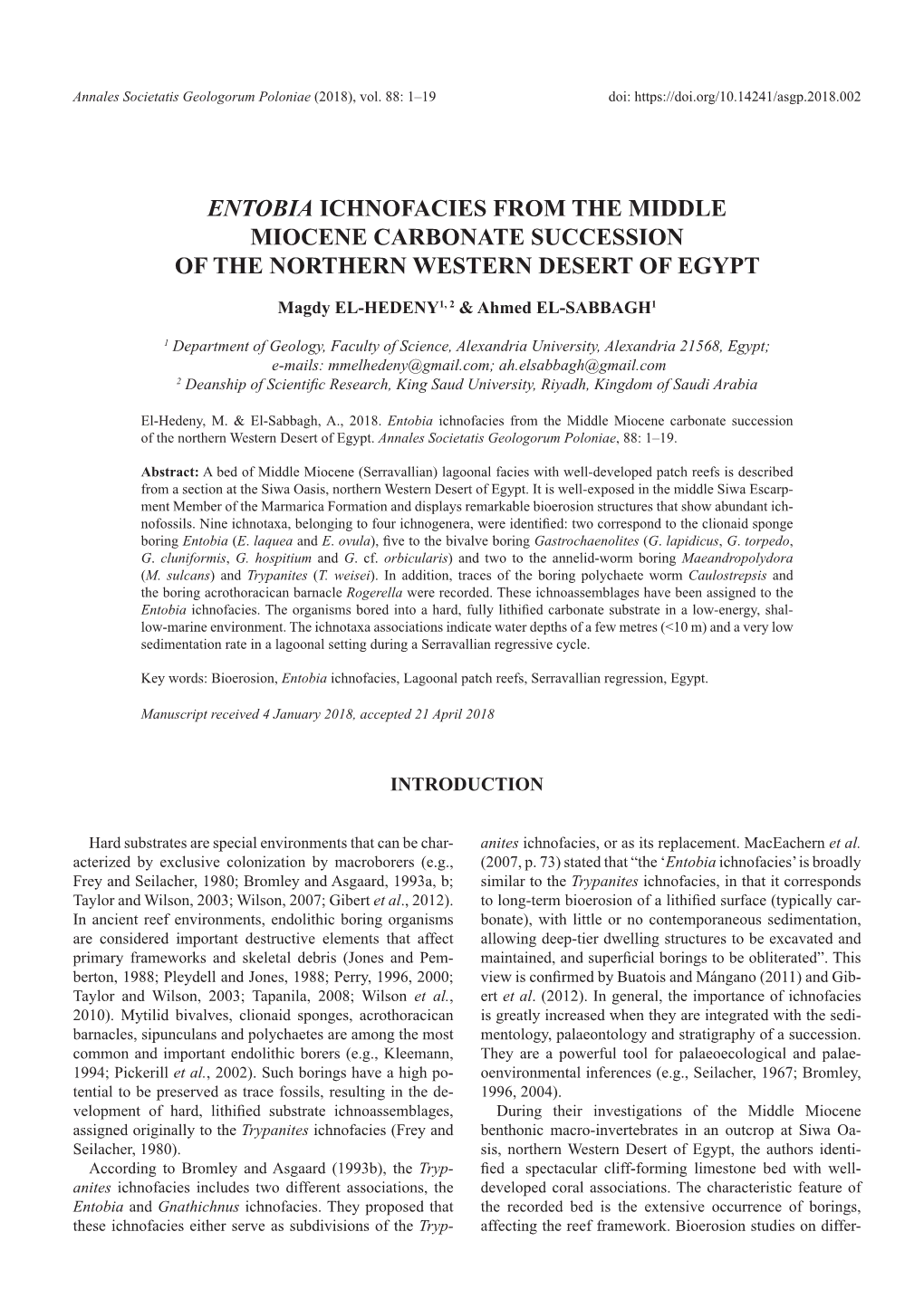 Entobia Ichnofacies from the Middle Miocene Carbonate Succession of the Northern Western Desert of Egypt