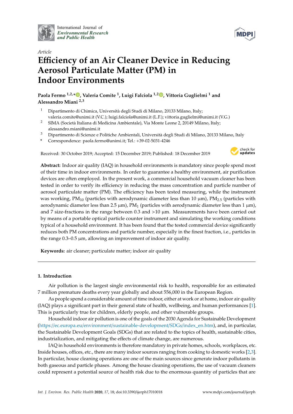 Efficiency of an Air Cleaner Device in Reducing Aerosol Particulate Matter