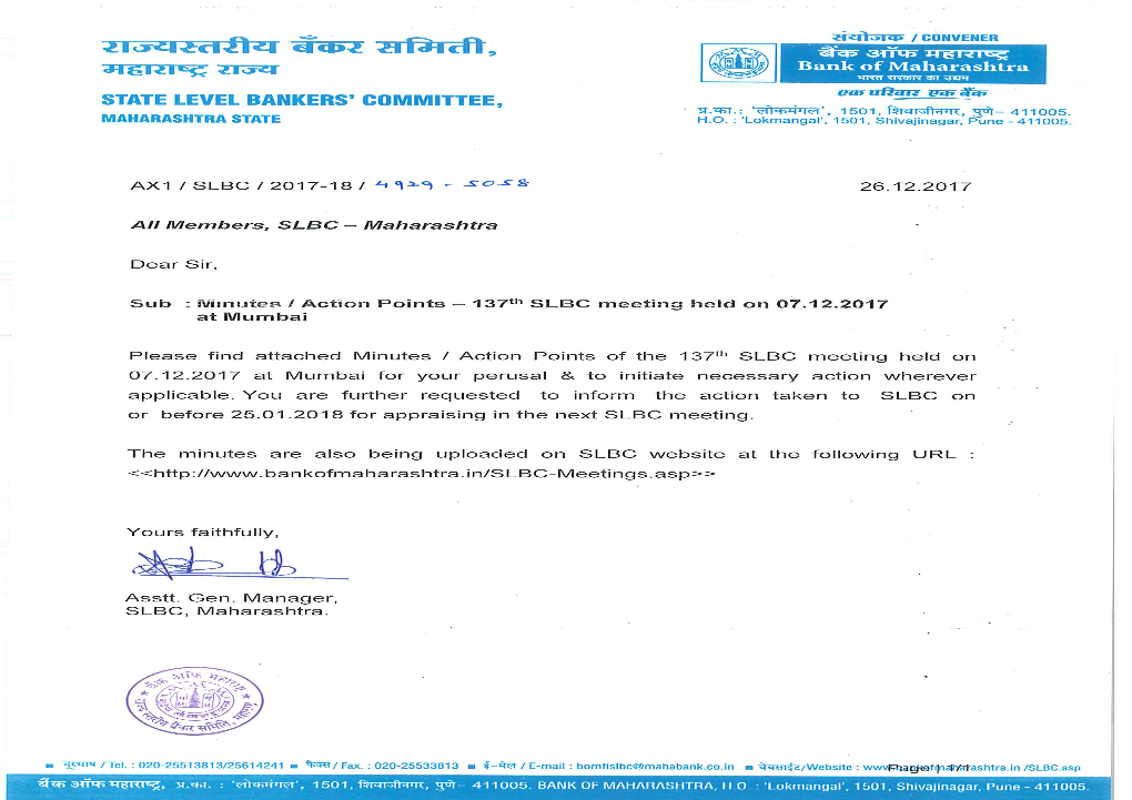 No. AX1 / SLBC – 137 / Minutes / 2017-18 December 08, 2017