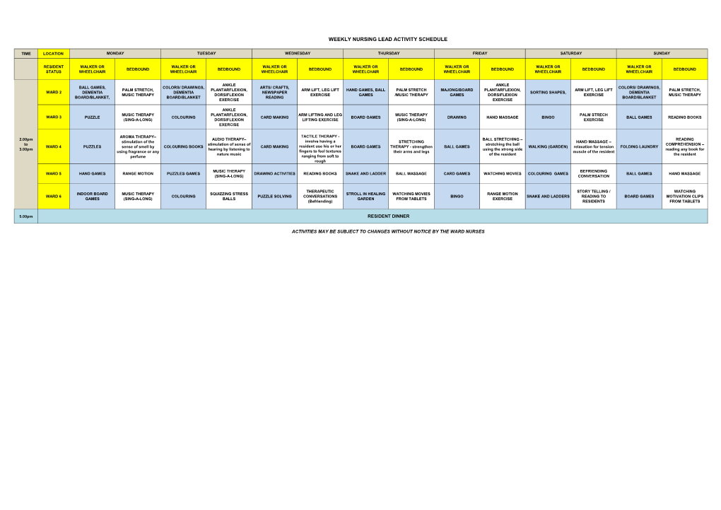 Weekly Nursing Lead Activity Schedule