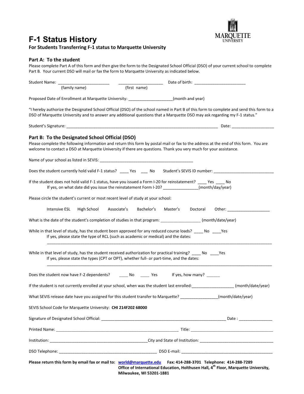 F-1 Transfer History Form