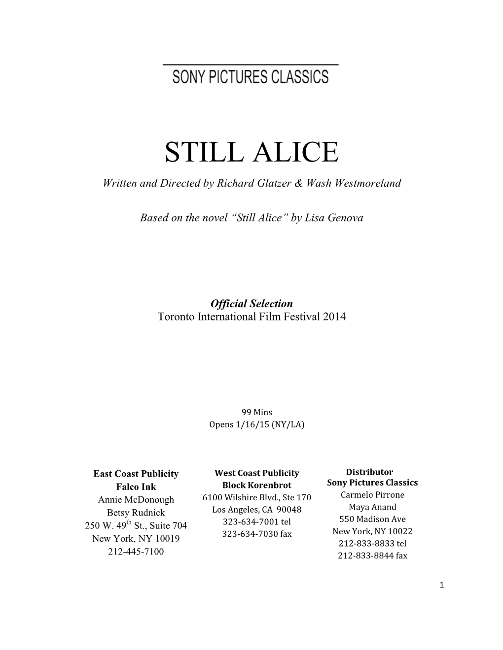 STILL ALICE Written and Directed by Richard Glatzer & Wash Westmoreland