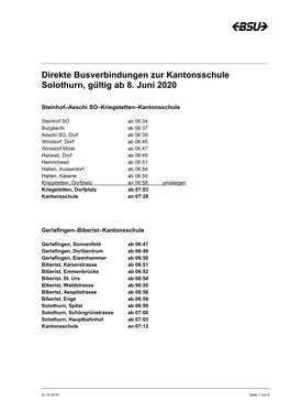 Direkte Busverbindungen Zur Kantonsschule Solothurn, Gültig Ab 8